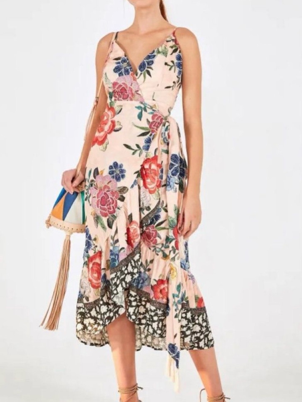 FARM Rio Wrap Midi Dress in Blush Pink